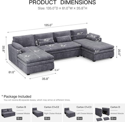 Belffin Large Modular Sectional Sofa with Double Deep Chaise, 135" Corduroy U Shaped Sectional Couch with 9" Soft Dual-Layer 6 Seats U Shaped Couch for Living Room, Apartment, Light Grey