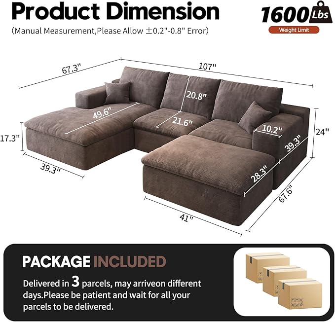 107'' U-Shaped Modern Modular Sectional Cloud Couch Whit Ottoman, 4-Seat Chenille Deep-Seat Sofa with Pillow for Living Room, Bedroom, Apartment, Camel