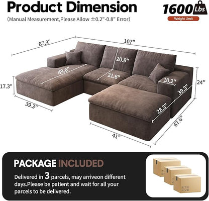 107'' U-Shaped Modern Modular Sectional Cloud Couch Whit Ottoman, 4-Seat Chenille Deep-Seat Sofa with Pillow for Living Room, Bedroom, Apartment, Camel