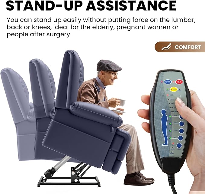 Large Dual Motor Power Lift Recliner Chair with Massage and Heat for Elderly People, Infinite Position,USB Ports and Remote Control,Breathable Leather (Blue)