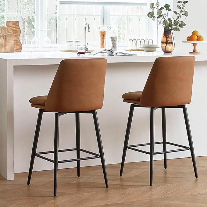 Brown Counter Height Bar Stools Set of 2, 26 Inch Seat Height with Back and Metal Legs, 360° Swivel Upholstered Faux Leather Swivel Bar Stools
