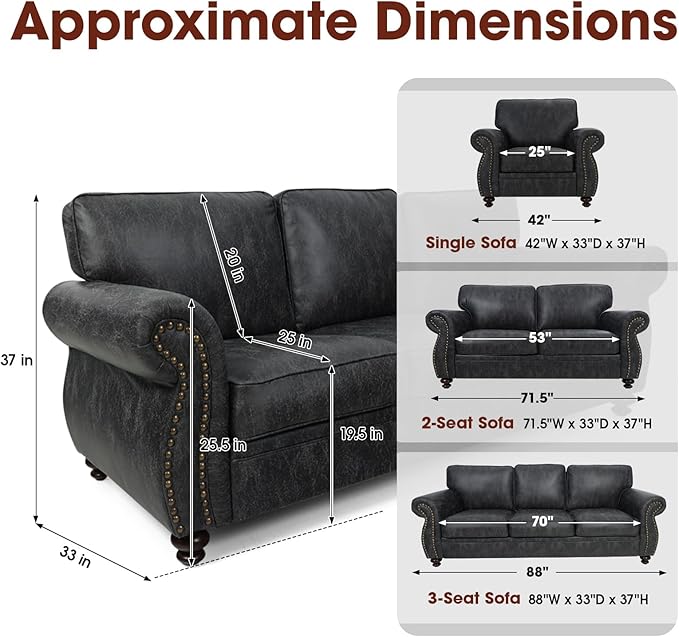 Living Room Furniture Sets,Sofa Sets and Couch Sets for Living Room,Mid-Century Vintage Sofa Couches with Rivet Design (Grey, 2 Loveseat+3 Seater)