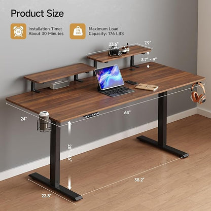 ONBRILL Standing Desk with 2 Adjustable Monitor Shelves, 63 x 24 Inches Electric Stand Up Desk with Memory Controller and Adjustable Height from 28-46 inches for Computer Workstations, Walnut