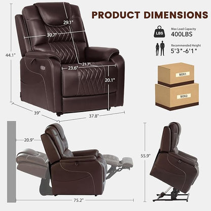 EONIX Triple Motor Lay Flat Power Lift Recliner Chair for Elderly with Massage, 400lbs Electirc Lift Chair for Living Room, Independent Adjustable Backrest Headrest, Extended Footrest, Dark Brown