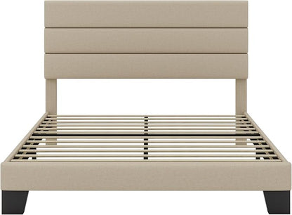 SHA CERLIN Queen Platform Bed Frame with Upholstered Fabric Headboard, Mattress Foundation with Strong Wooden Slats Support, No Box Spring Needed, Beige