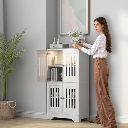 PARTPHONER Bathroom Floor Storage Cabinet with Cabinet Lights, Modern Storage Cabinet with 4 Doors and Adjustable Shelves, Buffer Hinges, White Pantry Cabinet for Living Room & Kitchen