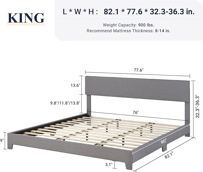 Allewie King Size Platform Bed Frame with Adjustable Upholstered Headboard, Strong Wood Slats, Heavy Duty Mattress Foundation, No Box Spring Needed, Noise-Free, Easy Assembly, Light Grey