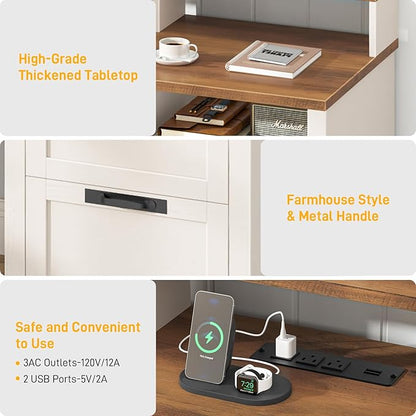 Halitaa 61" Farmhouse Executive Desk with Monitor Stand & File Drawers,Computer Desk with Storage Drawers,Large Workstation LED Lights and Power Outlets for Home Office,Study,White