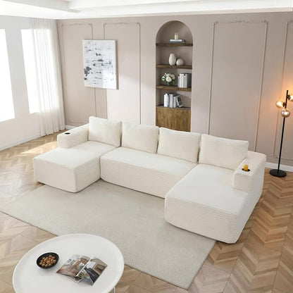 132 Inch Modular Sectional Sleeper Sofa, Boneless Cloud Couch for Living Room, U Shaped 5 Seat Sofa with 2 Cup Holders, Free Combination, No Assembly Required (Beige)