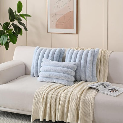 FUTEI Light Blue Decorative Throw Pillow Covers 18x18 Inch Set of 2, Square Soft Faux Rabbit Fur Thick Striped Cushion Cover,Winter Home Decor for Couch Bed Living Room