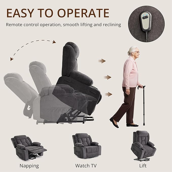 Dual Motor Power Lift Recliner for Elderly, Large Electric Lift Recliner with Massage and Heat, Cup Holders, Side Pocket, Fabric(Dark Grey)