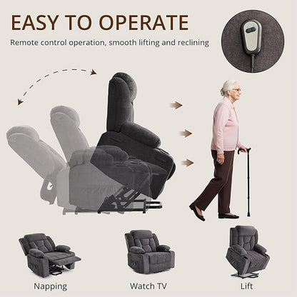 Dual Motor Power Lift Recliner for Elderly, Large Electric Lift Recliner with Massage and Heat, Cup Holders, Side Pocket, Fabric(Dark Grey)