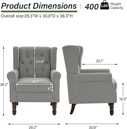 Accent Chair, Upholstered Armchair with Button Tufted High Back & Solid Wood Legs, Comfy Wingback Reading Single Sofa Chair for Small Spaces, Living Room, Bedroom (Grey, Set of 1)