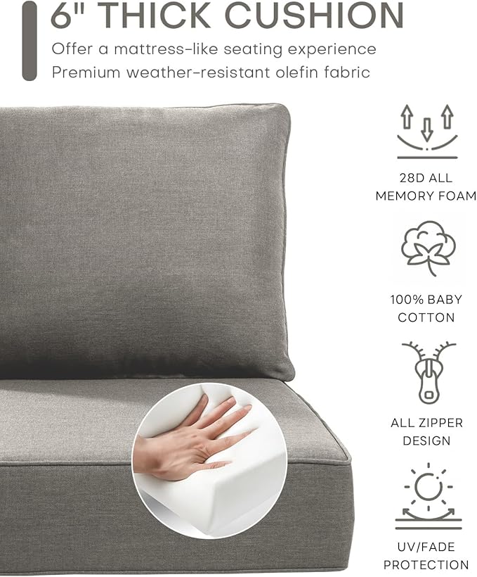 Luxury 22x24/22x25 6-Inch Patio Chair Cushions Set of 3 - Memory Foam Deep Seat Water-Resistant Patio Cushion for Lawn Dining Rocking Swivel Chairs Loveseat 3-Seater Sectional Sofa - Grey