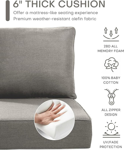 Luxury 22x24/22x25 6-Inch Outdoor Seat Cushions - Set of 2 Water Resistant Patio Chair Comfortable Cushion for Rattan Dining Rocker Glider Chairs Loveseat Couch Sectional Sofa - Grey