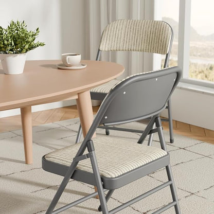 12 Pack Folding Chairs Fabric Dining Chair Set with Padded Cushion and Back, Indoor Outdoor Foldable Seat with Steel Frame for Home Office Events Wedding Party, Oatmeal Strip Seating