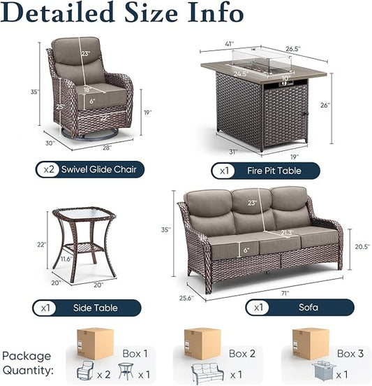 Belord Luxury 6" Thick Cushioned 5 Pieces Patio Furniture Set with Fire Pit Table, Wicker Outdoor Conversation Set with High Back Swivel Rocker Chairs for Deck Porch Yard and Poolside - Brown+Grey