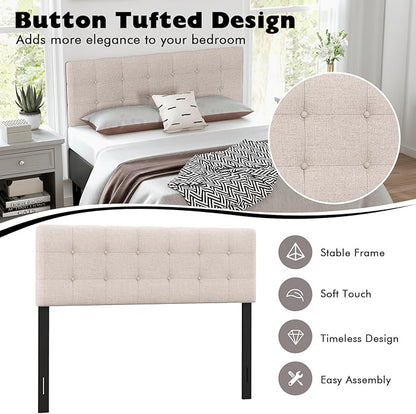 Giantex Linen Upholstered Headboard, Adjustable Width Button Tufted Headboard Only with Solid Wood Legs, Attach Frame, Modern Headboards for Queen Full Size Bed, Beige