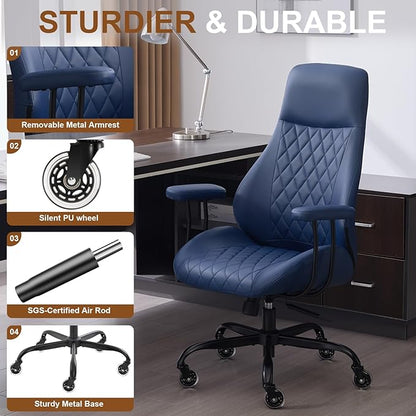 Home Office Desk Chair, Ergonomic High Back Leather Computer Chair with Lumbar Support, Adjustable Height & Recline, Swivel Executive Office Chair with Armrests and Rubber Casters, Blue