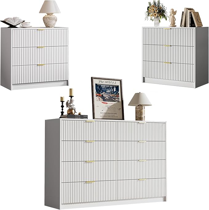 3-Piece Dresser Bedroom Set, 8 Drawer Dresser & 3 Drawer Nightstands with Gold Handles, Fluted Wood Chest of Drawers for Bedroom, Living Room, Entryway, White