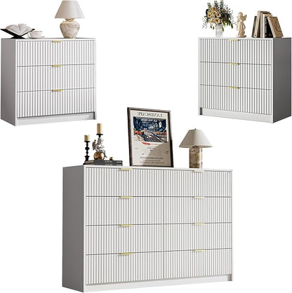 3-Piece Dresser Bedroom Set, 8 Drawer Dresser & 3 Drawer Nightstands with Gold Handles, Fluted Wood Chest of Drawers for Bedroom, Living Room, Entryway, White