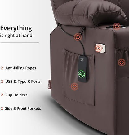 MCombo Large Power Lift Recliner Chair with Massage and Heat for Tall Elderly People, 3 Positions, Cup Holders, and USB Ports, Faux Leather 7516 (Large, Light Brown)