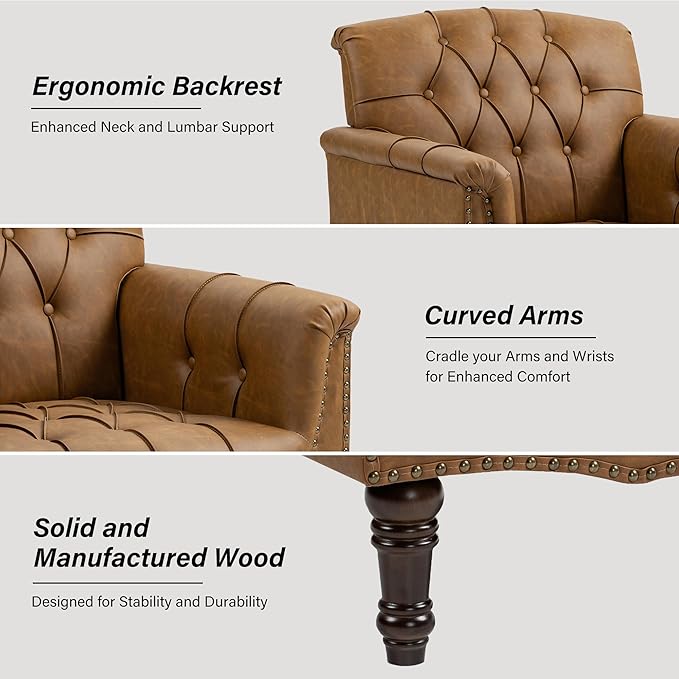 Faux Leather Accent Chair, PU Leather Modern Comfy Upholstered Armchair with Wood Legs & Nailhead Trim for Living Room, Bedroom (Camel,Set of 1)