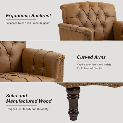 Faux Leather Accent Chair, PU Leather Modern Comfy Upholstered Armchair with Wood Legs & Nailhead Trim for Living Room, Bedroom (Camel,Set of 1)
