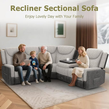 Home Theater Seating, Manual Recliner Sectional Sofa for Living Room, 5 Seater Reclining Sectional Couch with Flip-Up Backrest, Storage Console, USB Ports, Grey Linen & Chocolate Leather