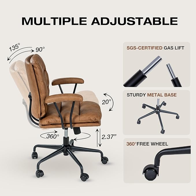 Brown Office Desk Chair, PU Leather Chair with Lumbar Support, Removable Armrests, Comfortable Adjustable Swivel Task Chair for Home, Office, Small Space,Dresser, Bedroom