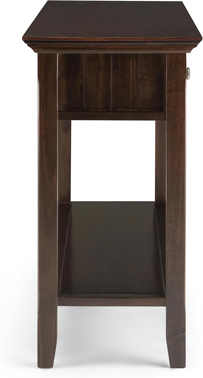 SIMPLIHOME Acadian Console Table - 60 Inch Wide Solid Wood Sofa Table in Brunette Brown, Transitional Storage Table for Entryway or Living Room with 3 Drawers and Open Bottom Shelf