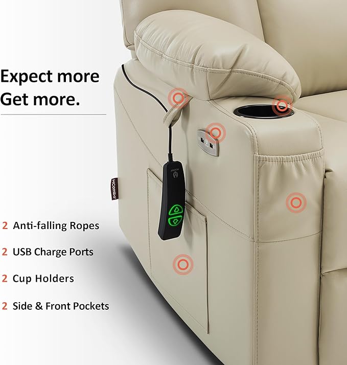 MCombo Oversized Power Lift Recliner Chair with Massage and Heat for Big and Tall Elderly People, Cup Holders, USB Ports, Side Pockets, Faux Leather R7541 (Beige, Large-Oversize)