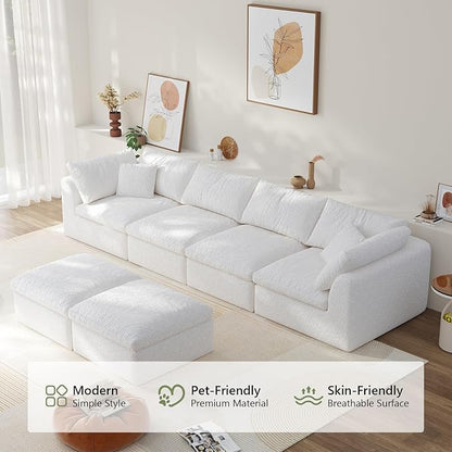 138" Boneless Cloud Couch Modular Sectional Sofa with Deep Seat for Living Room, L Shape Couch with Ottoman, Snowflake Cloth and 40D Memory Sponge，2 Throw Pillows (White, 4 Seater+2 Ottoman)