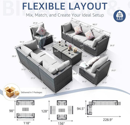 NICESOUL 10 Piece Outdoor Furniture Sofa Set, Extra Large Size Patio Modular Sectional with Side Tables, 29.3'' High Back Comfy Rattan Conversations, High-End Luxurious Grey Wicker Couches Heavy Duty