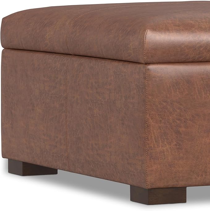 SIMPLIHOME Gabbie 36 inch Wide Contemporary Square Square Coffee Table Storage Ottoman in Distressed Saddle Brown Vegan Faux Leather, Assembled, for The Living Room, Entryway and Family Room