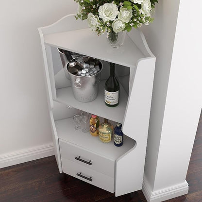 YUNKE Novelty Wooden Cabinet, White Corner Table with 2 Open Shelves and 2 Drawers, Commonly Used in Living Room, Home Office, Study Room and Dinning Room