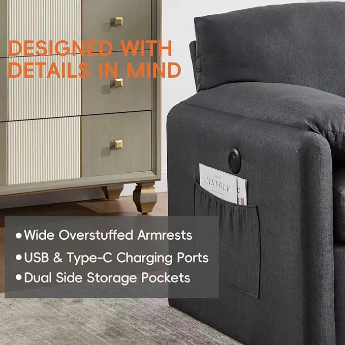 Oversized Accent Chair 38" Wide Mid-Century Modern Armchair for Living Room,USB and Type-C Ports,Comfy Reading Chairs for Bedroom with Side Pockets,Single Sofa Chair(Darkgrey, Set of 1)