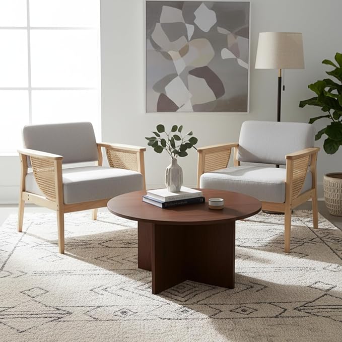 Mid Century Modern Accent Chair, Rattan Armchair with Wood Legs Living Room Chair Linen Upholstered Lounge Chair for Bedroom Reading Room, Grey