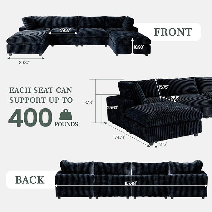 Modular Sectional Sofa, Convertible U Shaped Sofa with Chaise Ottoman, Deep Seat Cloud Sectional Couch, 6 Seat Comfy Modular Couch for Living Room, Office, Apartment, Black