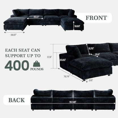 Modular Sectional Sofa, Convertible U Shaped Sofa with Chaise Ottoman, Deep Seat Cloud Sectional Couch, 6 Seat Comfy Modular Couch for Living Room, Office, Apartment, Black