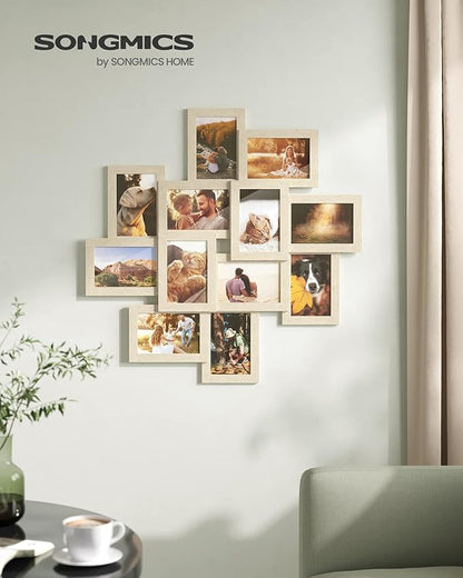 SONGMICS 4x6 Collage Picture Frames, 12-Pack Photo Collage Frame for Wall Decor, Glass Front, Assembly Required, Christmas Gift, Natural Beige URPF022N01