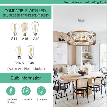 Semi Flush Mount Ceiling Light Fixture Ceiling Mount 6-Light Rustic Farmhouse Chandelier for Dining Room, Light Fixture Ceiling Round Metal Kitchen Light Fixtures Ceiling Mount