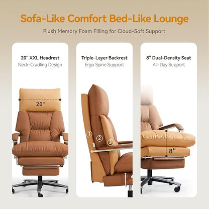 M80A Dual Motor Electric Executive Office Chair with Footrest, Comfortable Reclining Office Chair Wide Seat, Big and Tall Ergonomic Leather Home Office Desk Chair (Brown, Manual)