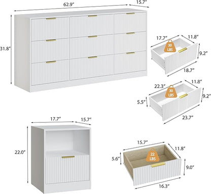 3-Piece Modern Bedroom Furniture Set, Wide 9-Drawer Dresser & 1-Drawer Nightstands Set of 2, Natural Wood Dresser and Nightstand Sets for Bedroom, Hallway, White