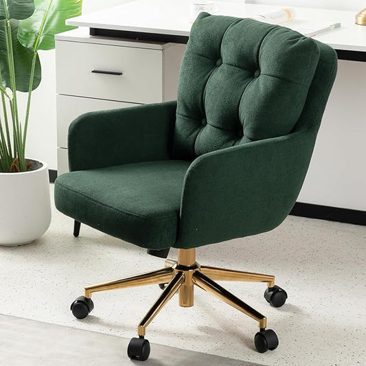 Velvet Office Chair, Comfy Home Office Desk Chairs with Lumbar Support, Modern Velvet Desk Chair Gold Legs Small Swivel Task Chair for Home Office, Bedroom, Study (Green, L)