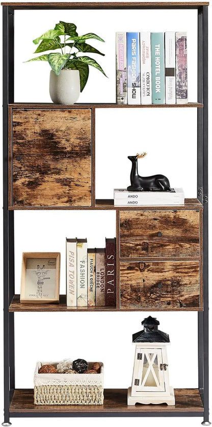 VECELO 5-Tier Bookshelf with 2 Storage Drawers & 1 Cabinet,Industrial Display Standing Shelf, Metal Frame Wood Storage Shelf,Open Bookcases for Living Room, Bedroom, Home,Office