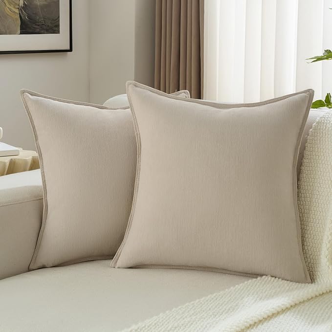 FUTEI Beige Chenille Throw Pillow Covers 26x26 Inch Set of 2,Edges Double-Stitched Euro Pillow Shams,Modern Home Decor for Couch Living Room