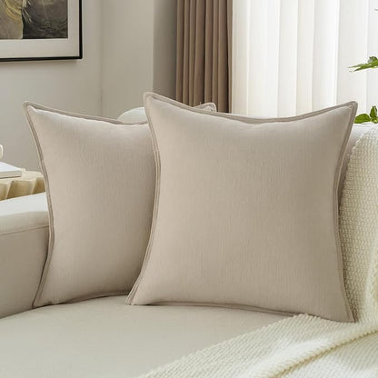 FUTEI Beige Chenille Throw Pillow Covers 16x16 Inch Set of 2,Edges Double-Stitched Cushion Cases,Modern Home Decor for Couch Living Room