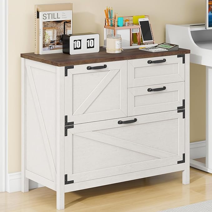 Lateral File Cabinet with 4 Drawers Farmhouse File Cabinet for Letter/Legal/A4 Size Hanging Files, Large Wood File Storage Cabinets Printer Stand for Home Office Cabinet, Rustic White