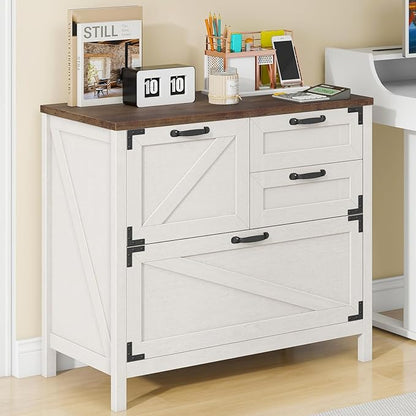 Lateral File Cabinet with 4 Drawers Farmhouse File Cabinet for Letter/Legal/A4 Size Hanging Files, Large Wood File Storage Cabinets Printer Stand for Home Office Cabinet, Rustic White